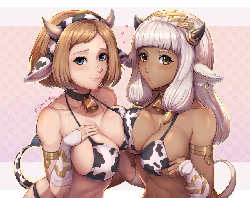 2girls, absurdres, alternate_costume, animal_costume, animal_ears, animal_print, arm_strap, ash_(fire_emblem), bare_shoulders, bell, bikini, black_horns, blue_eyes, blush, breast_press, breasts, brown_eyes, brown_hair, choker, cleavage, cow_ears, cow_girl, cow_horns, cow_print, cow_print_bikini, cow_tail, cowbell, dark-skinned_female, dark_skin, ear_piercing, evomanaphy, fake_animal_ears, fake_horns, fake_tail, female_focus, fire_emblem, fire_emblem_heroes, freckles, gold_hairband, gold_trim, grey_hair, hairband, heart, highres, horn_ornament, horns, jewelry, female_kiran_(fire_emblem), kiran_(fire_emblem), large_breasts, looking_at_viewer, multiple_girls, neck_bell, nintendo, piercing, print_bikini, short_hair, smile, swimsuit, symmetrical_docking, tail, twitter_username