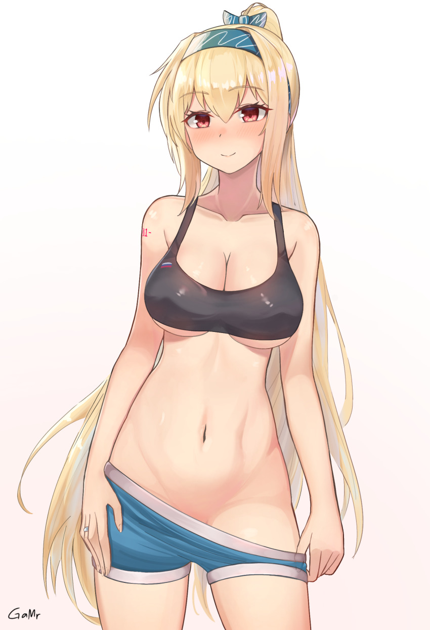 1girl, artist_name, black_sports_bra, blonde_hair, blush, bow, breasts, closed_mouth, gamryous, girls'_frontline, green_hairband, green_shorts, hair_bow, hairband, highres, jewelry, long_hair, looking_at_viewer, mod3_(girls'_frontline), no_panties, ponytail, red_eyes, ring, russian_flag, shorts, smile, solo, sports_bra, sv-98_(girls'_frontline), sv-98_(mod3)_(girls'_frontline), underwear, undressing, wedding_ring
