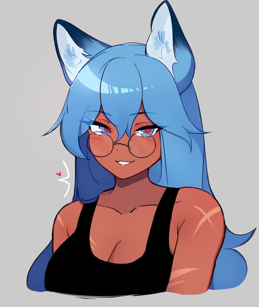 1girl, animal_ears, black-framed_eyewear, blue_eyes, blue_hair, blush, borrowed_character, breasts