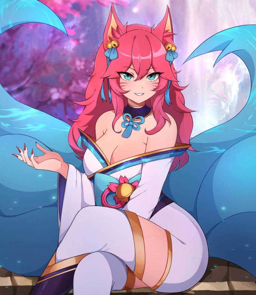 1girl, absurdres, ahri_(league_of_legends), animal_ears, bare_shoulders, bell, blush, breasts