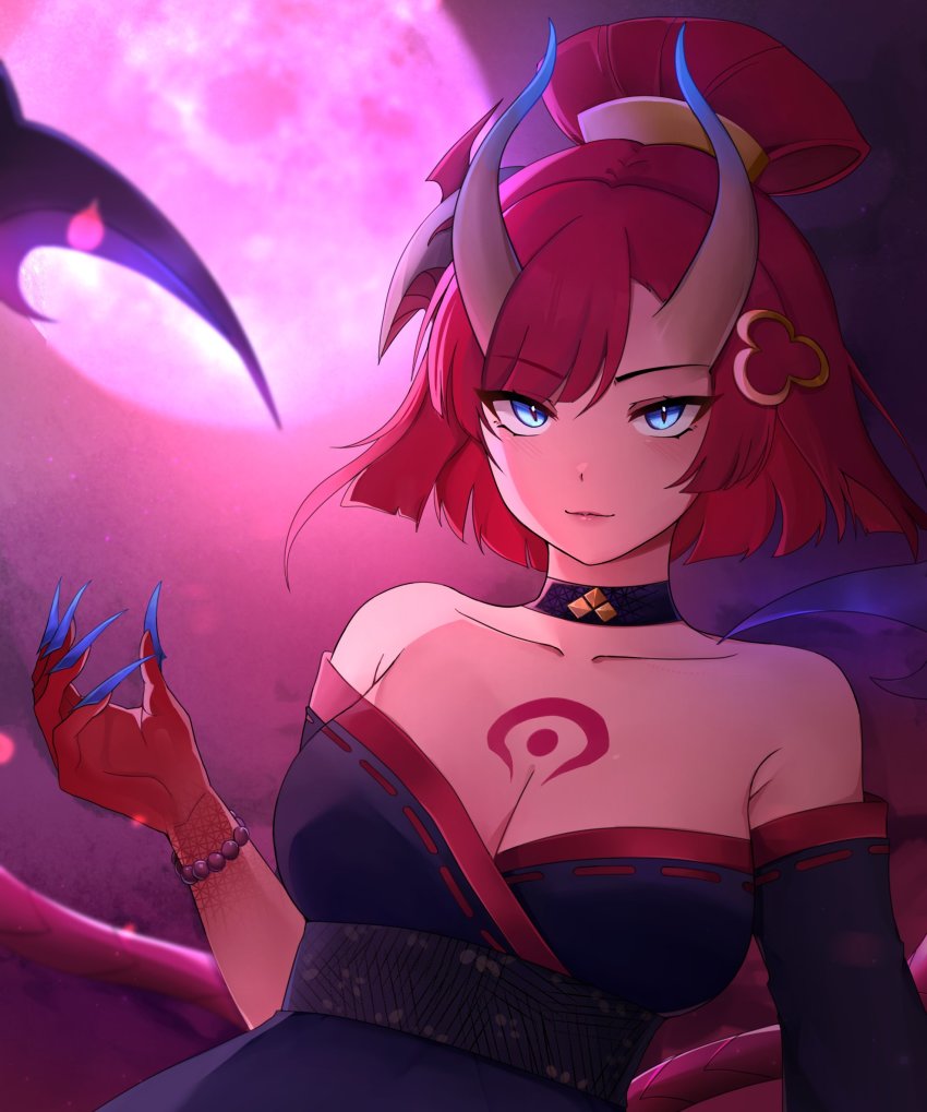 1girl, bare_shoulders, blood_moon_evelynn, blue_eyes, blue_nails, bracelet, breasts, cleavage