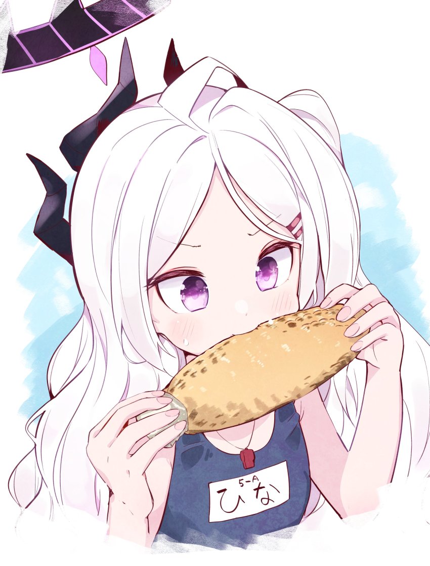 1girl, absurdres, blue_archive, blue_one-piece_swimsuit, corn, corn_cob, demon_horns, eating