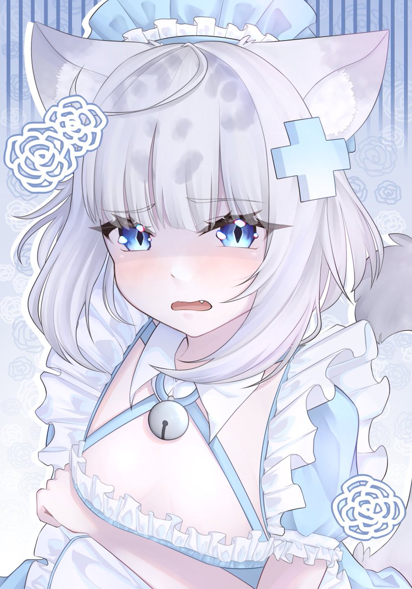 1girl, ahoge, alternate_costume, animal_ears, arms_around_another's_waist, bell, blue_dress, blue_eyes