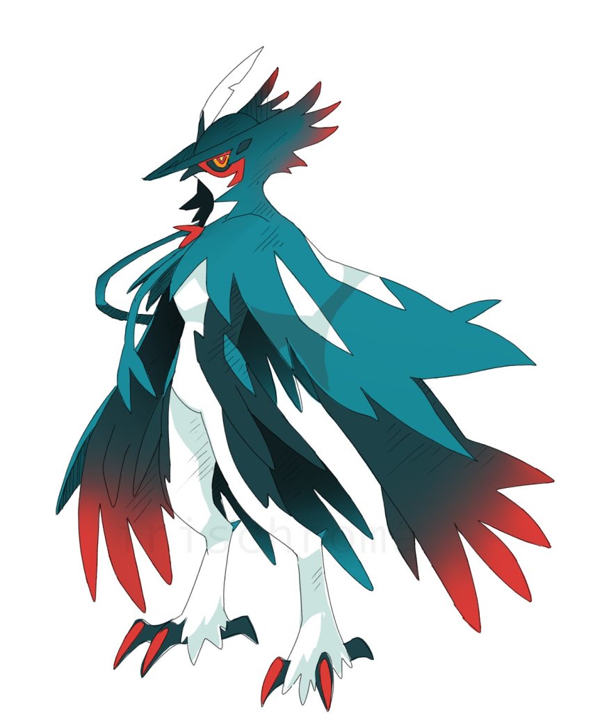 alternate_color, bloodborne, bright_pupils, colored_sclera, commentary, decidueye, english_commentary, full_body, gen_7_pokemon, hat_feather, highres, irischroma, nintendo, no_humans, pokemon, pokemon_(creature), red_eyes, shiny_pokemon, simple_background, solo, talons, white_background, white_pupils, yellow_sclera