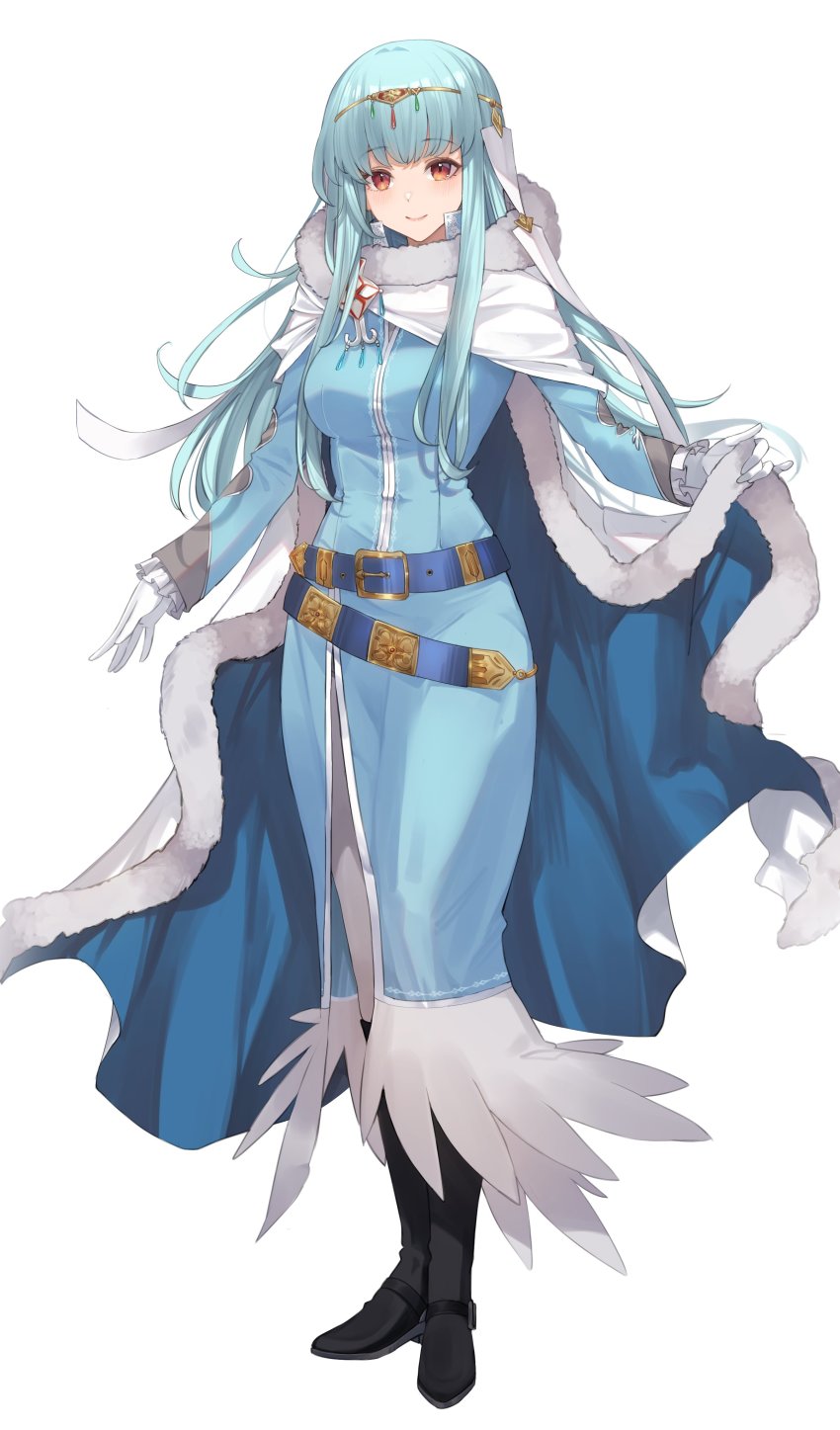1girl, absurdres, aqua_hair, belt, black_boots, blue_cape, boots, cape, circlet, coat, commentary, cosplay, eliwood_(fire_emblem), eliwood_(fire_emblem)_(cosplay), eliwood_(marquess_pherae)_(fire_emblem), english_commentary, fire_emblem, fire_emblem:_the_blazing_blade, fire_emblem_heroes, full_body, fur-trimmed_cape, fur_trim, gloves, highres, holding, holding_unworn_cape, holding_unworn_clothes, long_hair, long_sleeves, looking_at_viewer, ninian_(fire_emblem), nintendo, orange_eyes, ritence, simple_background, smile, solo, standing, unworn_cape, white_background, white_gloves