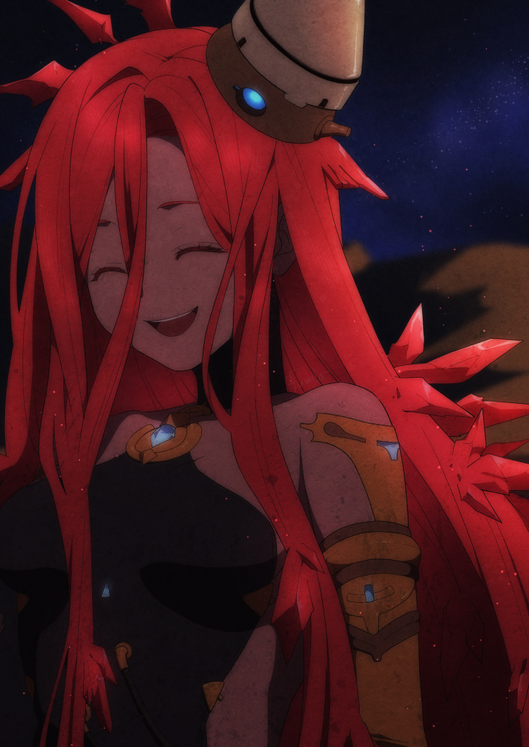 1girl, ^_^, bare_shoulders, blurry, blurry_background, breasts, breasts_apart, cable, closed_eyes, crystal_hair, dark-skinned_female, dark_skin, granblue_fantasy, hair_between_eyes, long_hair, mifuta, open_mouth, raybury_(granblue_fantasy), red_hair, small_breasts, smile, space, star_(sky), upper_body, yatima