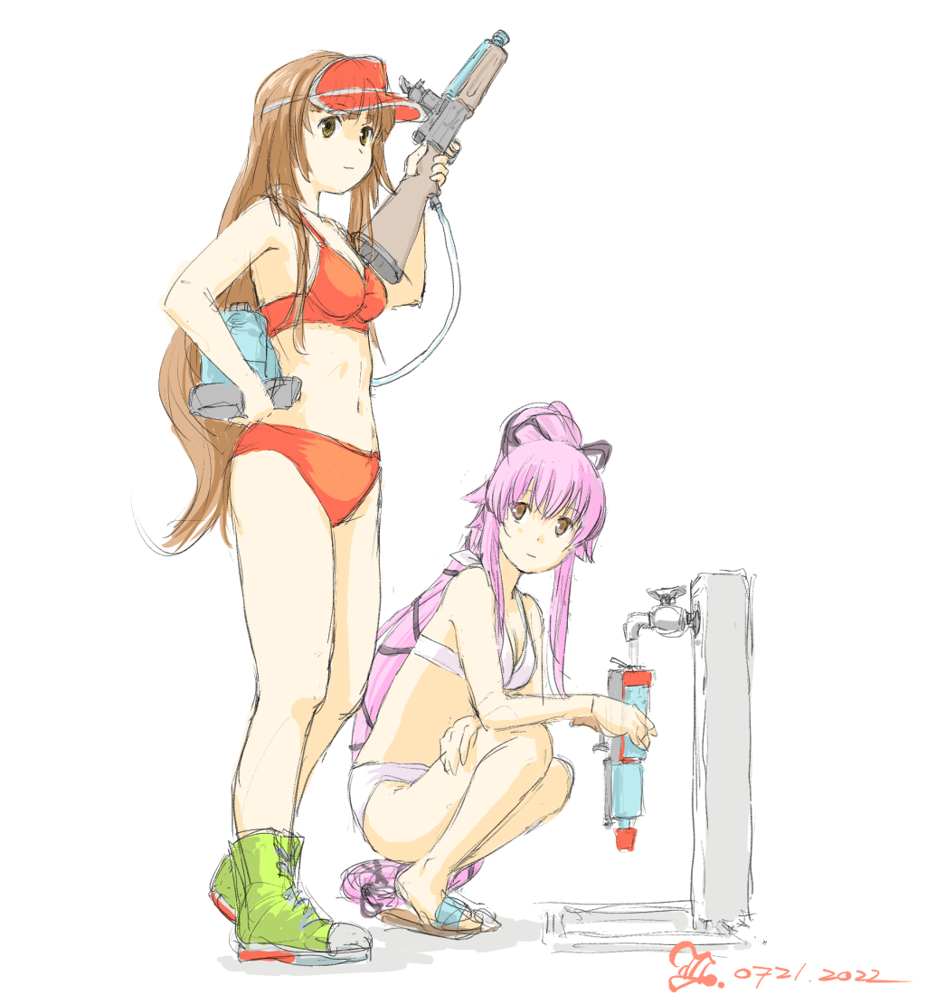 2girls, bikini, blunt_bangs, brown_eyes, brown_hair, faucet, green_eyes, green_footwear
