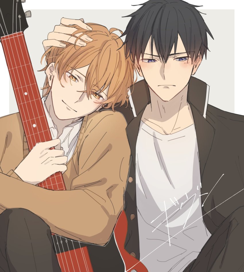 2boys, black_hair, blush, given, guitar, hand_on_another's_head, highres, holding