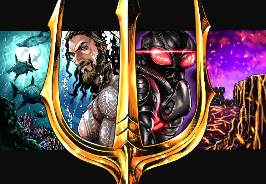 2boys, absurdres, animification, aquaman_(dc), aquaman_(movie), aquaman_(series), arm_tattoo, armor, beard, black_manta, brown_eyes, brown_hair, dc_comics, facial_hair, hammerhead_shark, helmet, highres, lava, looking_at_viewer, male_focus, mole, mole_under_eye, multiple_boys, mustache, oosawa_yuusuke, polearm, power_armor, shark, smile, superhero_costume, tattoo, trident, underwater, weapon