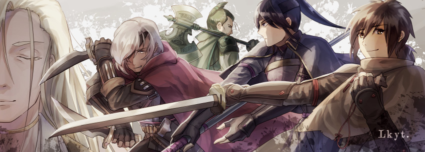 5boys, ango_(lykt.), axe, black_hair, black_headband, blood, blood_on_clothes, brown_eyes