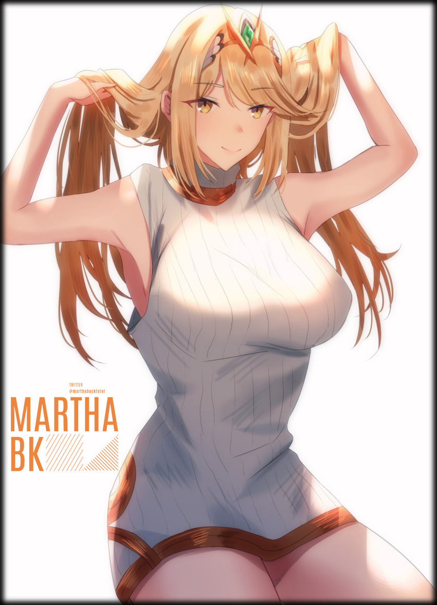 1girl, absurdres, armpits, arms_up, artist_name, bare_shoulders, blonde_hair, breasts