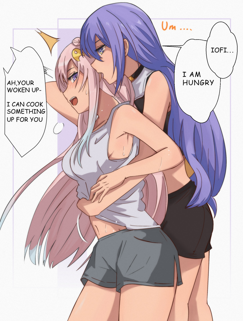 2girls, airani_iofifteen, alternate_costume, bare_shoulders, blush, breasts, casual, commentary, cowboy_shot, english_commentary, english_text, engrish_text, from_side, highres, hololive, hololive_indonesia, hug, hug_from_behind, long_hair, looking_at_another, ludwigtk, midriff, moona_hoshinova, multiple_girls, navel, pink_hair, profile, purple_eyes, purple_hair, ranguage, short_shorts, shorts, sideboob, sweat, tank_top, very_long_hair, virtual_youtuber, white_background, white_tank_top, yuri