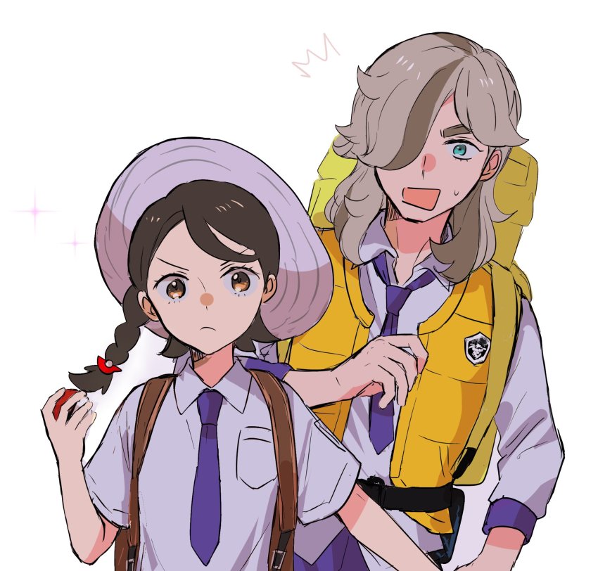 1boy, 1girl, arven_(pokemon), backpack, bag, braid, brown_eyes, brown_hair, collared_shirt, green_eyes, hair_over_one_eye, hat, highres, hinata_(ryohinata), juliana_(pokemon), long_hair, necktie, nintendo, pokemon, pokemon_scarlet_and_violet, protecting, purple_necktie, shirt, simple_background, single_braid, surprised, vest, white_shirt