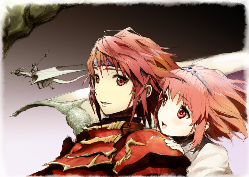 2girls, :d, armor, bad_id, bad_pixiv_id, blush, dragon, family_bonding