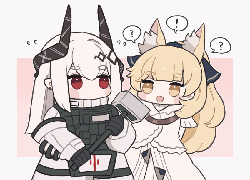 !, 2girls, :d, ?, animal_ear_fluff, animal_ears, arknights, blemishine_(arknights)