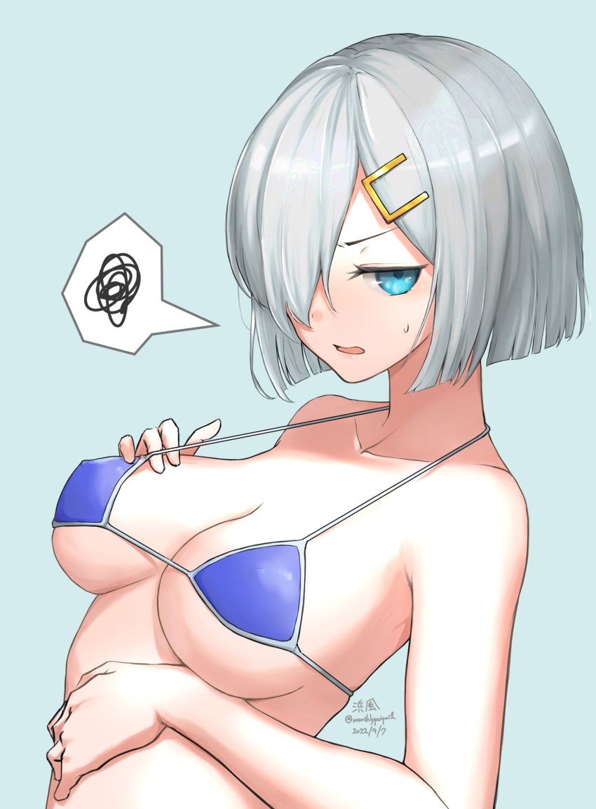 1girl, aqua_background, bikini, blue_bikini, breasts, character_name, dated, grey_hair