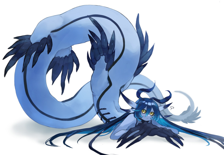 1girl, :/, antennae, black_sclera, blue_hair, blue_skin, colored_sclera, colored_skin