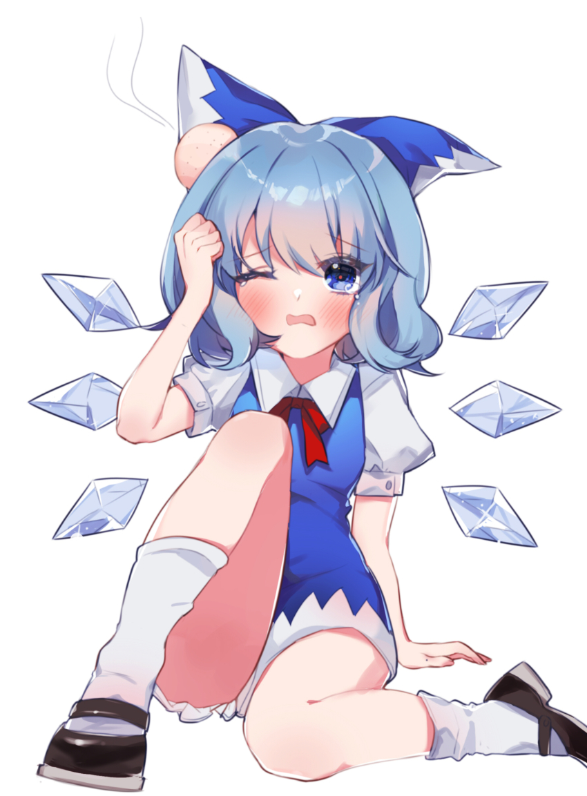 1girl, absurdres, arm_up, blue_bow, blue_dress, blue_eyes, blue_hair, blush