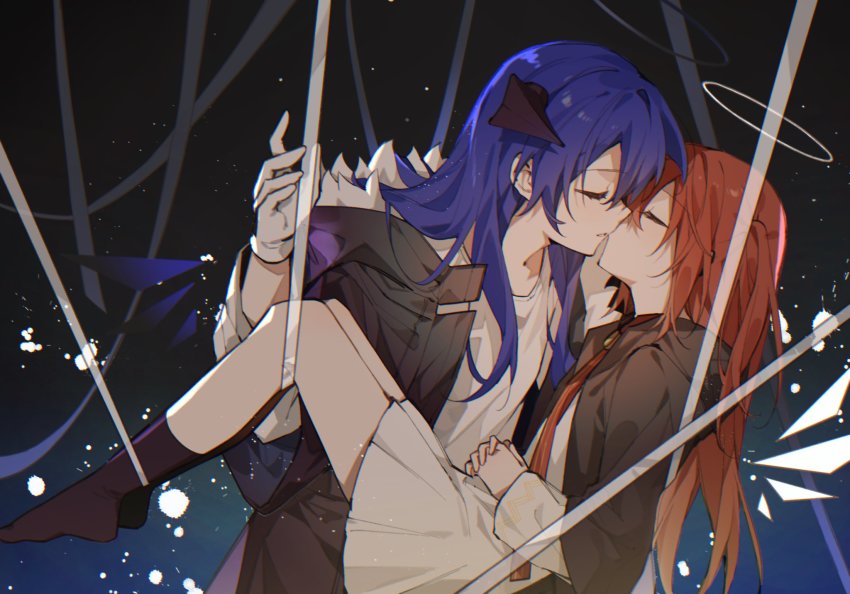 2girls, arknights, ayster, black_halo, black_jacket, black_socks, blue_hair, closed_eyes, dark_halo, detached_wings, energy_wings, exusiai_(arknights), fallen_angel, fur-trimmed_hood, fur-trimmed_jacket, fur_trim, gloves, halo, highres, hood, jacket, kiss, long_hair, long_sleeves, mostima_(arknights), multiple_girls, open_clothes, open_jacket, red_hair, socks, white_gloves, white_halo, wings, yuri