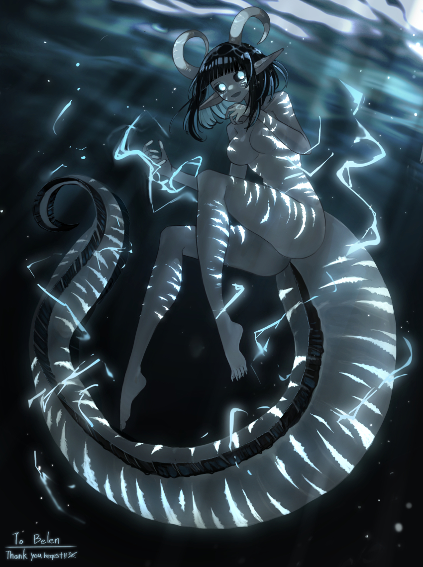 barefoot, black_hair, black_sclera, blue_eyes, bob_cut, breasts, colored_inner_hair, colored_sclera, colored_skin, commission, completely_nude, curled_horns, eel_girl, electric_eel, electricity, highres, horns, looking_at_viewer, medium_breasts, monster_girl, multicolored_hair, no_nipples, nude, original, pointy_ears, ruteko_(ruko220), sharp_toenails, signature, skeb_commission, smile, tail, toenails, underwater, very_long_tail, white_skin