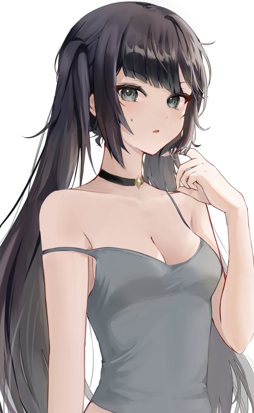 1girl, absurdres, alternate_costume, bare_arms, bare_shoulders, black_choker, black_hair, blush