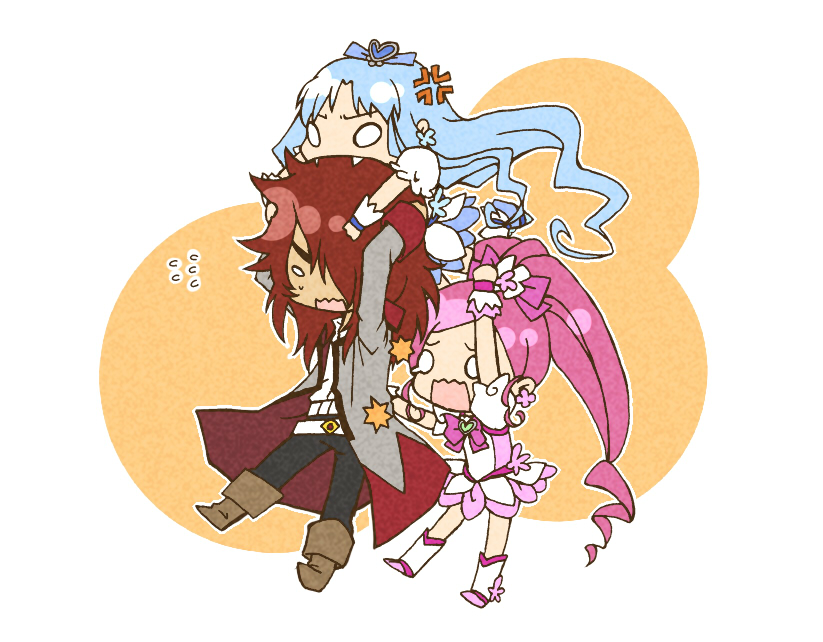 10s, 1boy, 2girls, anger_vein, angry, biting, blue_hair, boots