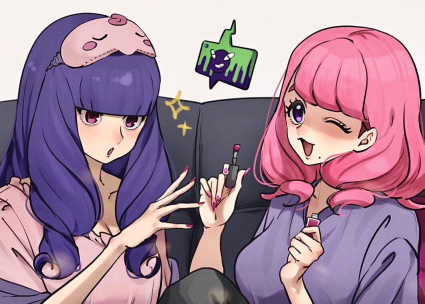 2girls, ;d, alternate_costume, blunt_bangs, blush, breasts, character_print, cleavage, collarbone, commentary_request, cosmetics, echizen_(n_fns17), eyelashes, gen_4_pokemon, gen_5_pokemon, holding, indoors, klara_(pokemon), long_hair, multiple_girls, munna, nail_polish, nail_polish_bottle, nintendo, one_eye_closed, open_mouth, pink_hair, pink_shirt, pokemon, pokemon_masters_ex, pokemon_sword_and_shield, purple_eyes, purple_hair, purple_shirt, rachel_(pokemon), rotom, rotom_phone, shirt, sleep_mask, smile, sparkle, tongue