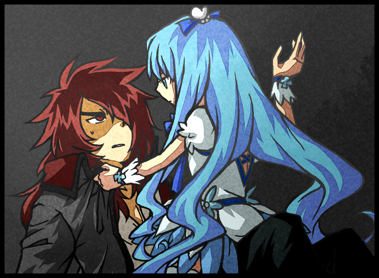 10s, 1boy, 1girl, blue_hair, bow, clothes_grab, clover, cure_marine