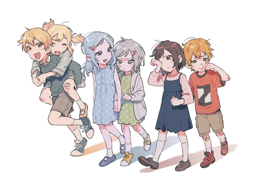 2boys, 4girls, aged_down, ankle_socks, bandaid, bandaid_on_cheek, bandaid_on_face, bandaid_on_knee, bandaid_on_leg, black_dress, blue_dress, blue_footwear, blue_hair, brother_and_sister, brown_eyes, brown_hair, brown_shorts, buttons, carrying, child, clothes_grab, collared_shirt, dot_nose, dress, full_body, green_dress, green_eyes, green_sweater, grey_dress, grey_eyes, hair_ornament, hairclip, happy, heart, heart_hair_ornament, height_difference, highres, hinomori_shiho, hinomori_shizuku, holding_hands, interlocked_fingers, kkamvill, kneehighs, laughing, light_blue_hair, light_blush, lineup, loafers, long_dress, long_sleeves, looking_away, mary_janes, multiple_boys, multiple_girls, open_mouth, orange_eyes, orange_hair, piggyback, pink_shirt, plaid_clothes, plaid_shorts, polka_dot, polka_dot_dress, pout, project_sekai, red_shirt, rubbing_eyes, running, sad, scratches, shadow, shinonome_akito, shinonome_ena, shirt, shoes, short_twintails, shorts, siblings, sidelocks, simple_background, sisters, sneakers, socks, spaghetti_strap, standing, standing_on_one_leg, sweater, swept_bangs, tearing_up, tenma_saki, tenma_tsukasa, trait_connection, tsurime, twintails, walking, wavy_mouth, white_background, white_socks