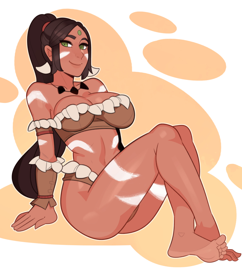 1girl, absurdres, armband, barefoot, bodypaint, breasts, brown_hair, crossed_legs, forehead_jewel, green_eyes, highres, league_of_legends, long_hair, navel, nidalee, oval, ponytail, sitting, smile, solo, splashbrush, tribal, very_long_hair