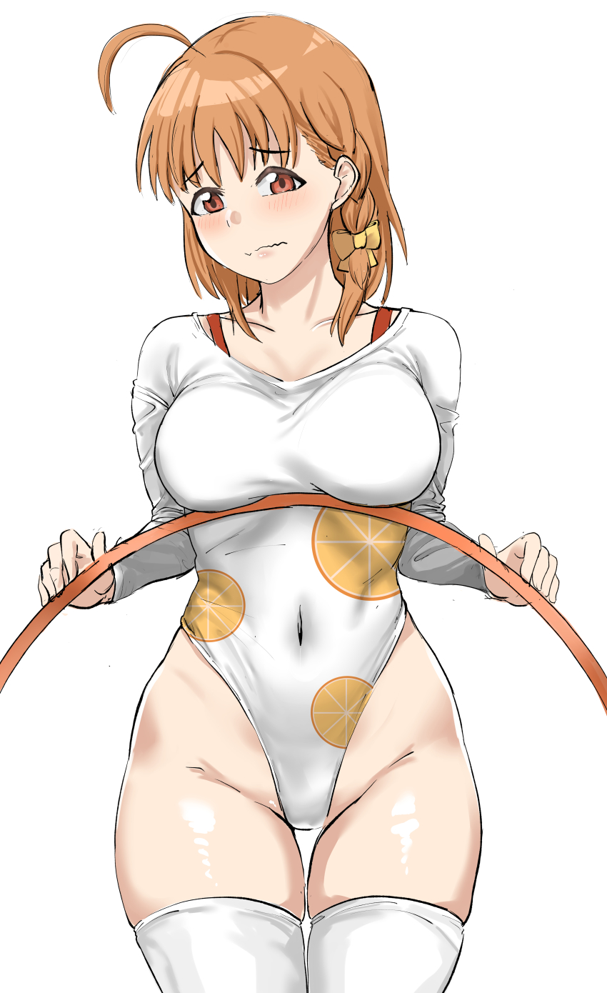 1girl, absurdres, ahoge, athletic_leotard, braid, breasts, clover_hair_ornament, covered_navel