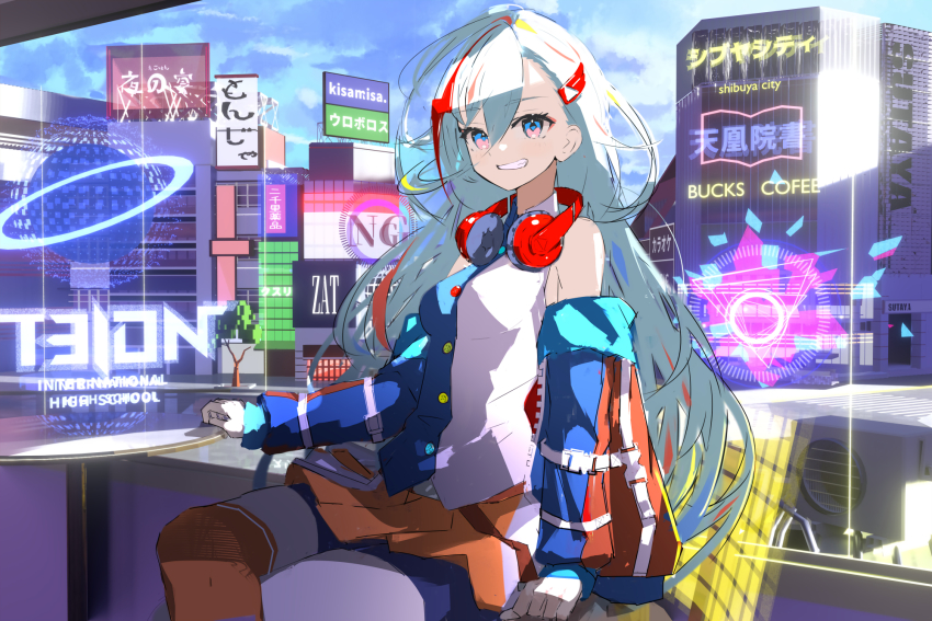 1girl, bare_shoulders, blue_eyes, breasts, denonbu, gurumaruhana, hair_between_eyes, hair_ornament