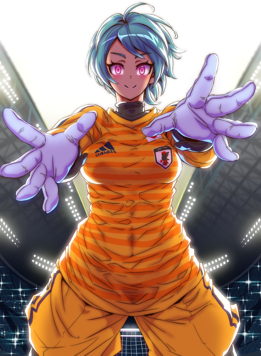 1girl, adidas, ahoge, character_request, goalkeeper, highres, jazz_kawa_sodom, jikkyou_powerful_pro_yakyuu
