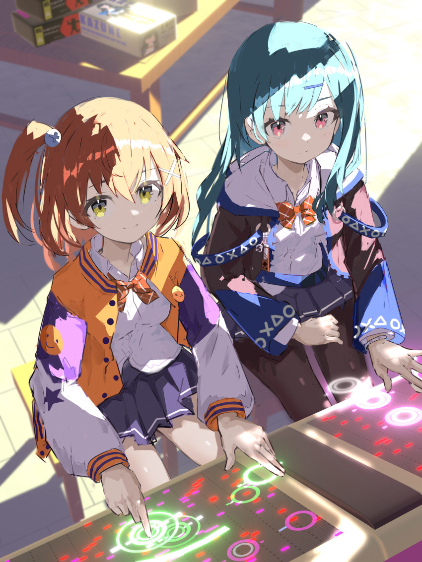 blue_hair, bow, breasts, brown_hair, closed_mouth, denonbu, green_eyes, gurumaruhana