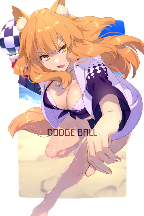 1girl, animal_ears, bikini, blush, breasts, cleavage, collarbone, dodgeball