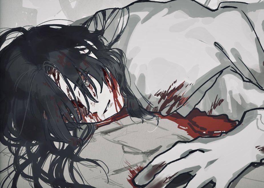 1boy, black_hair, blood, blood_on_clothes, blood_on_face, brown_eyes, cloak, constantine_xi_(fate)