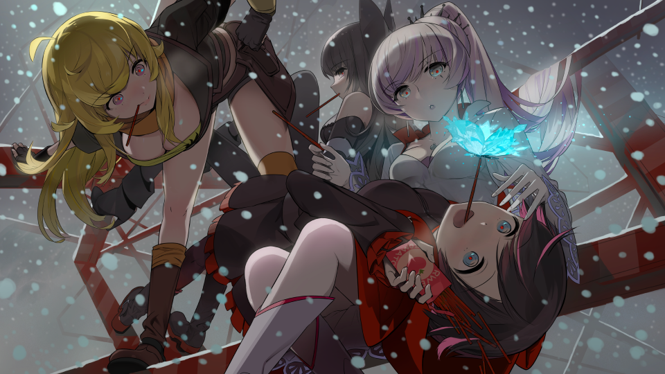 4girls, :d, ahoge, bent_over, black_hair, blake_belladonna, blonde_hair, boots