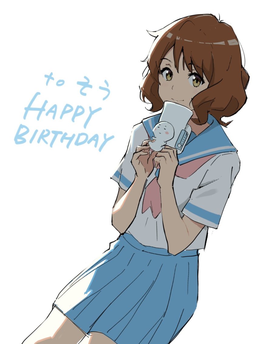 1girl, blue_sailor_collar, blue_skirt, brown_eyes, brown_hair, closed_mouth, hands_up, happy_birthday