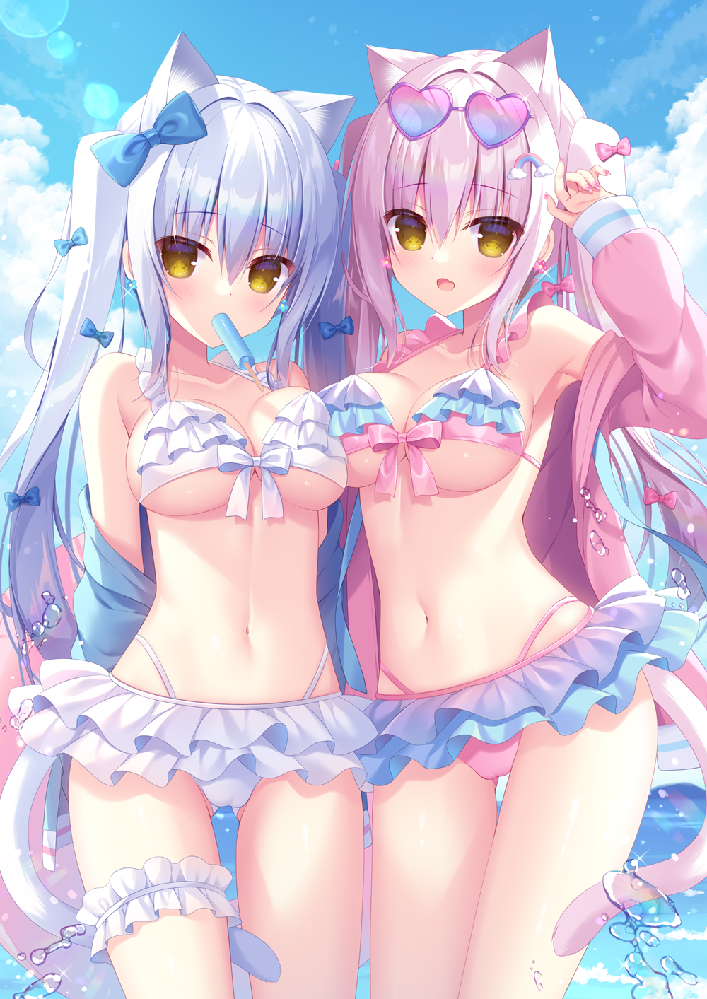 2girls, :d, animal_ears, arm_up, bare_shoulders, bikini, blue_bow, blue_hair, blue_jacket, blue_sky, bow, breasts, brown_eyes, cat_ears, cat_girl, cat_tail, cleavage, cloud, commentary_request, day, eyewear_on_head, fang, food, food_in_mouth, frilled_bikini, frills, gluteal_fold, hair_between_eyes, hair_bow, hasune, heart, heart-shaped_eyewear, highleg, highleg_bikini, highres, jacket, layered_bikini, long_hair, long_sleeves, medium_breasts, mouth_hold, multiple_girls, navel, off_shoulder, open_clothes, open_jacket, open_mouth, original, outdoors, pink_bikini, pink_bow, pink_hair, pink_jacket, popsicle, puffy_long_sleeves, puffy_sleeves, purple-framed_eyewear, rainbow_hair_ornament, sky, sleeves_past_wrists, smile, standing, swimsuit, tail, thigh_strap, twintails, very_long_hair, water, white_bikini