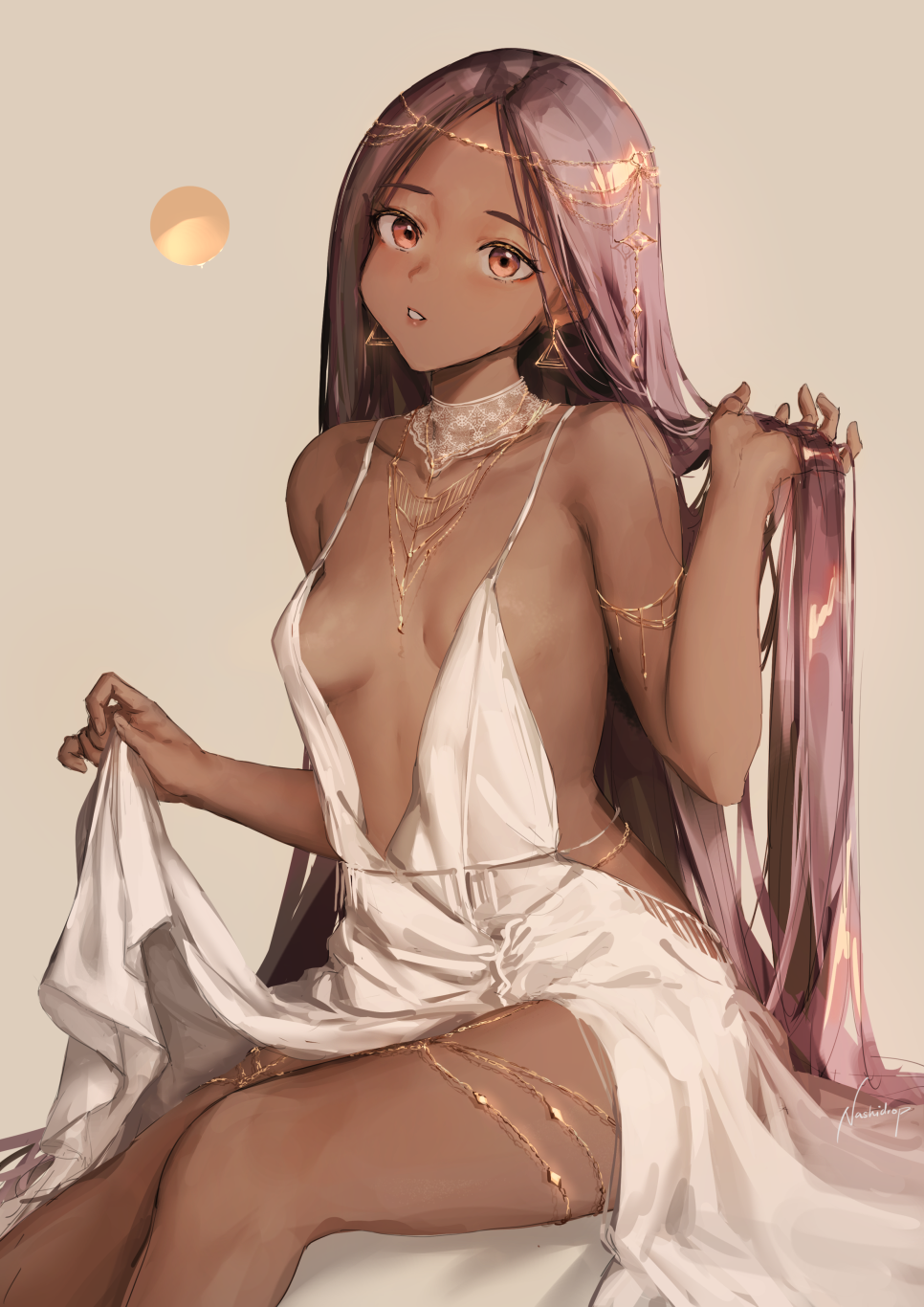 1girl, bare_shoulders, breasts, clothes_lift, commentary, dark-skinned_female, dark_skin, demi_(nashidrop)