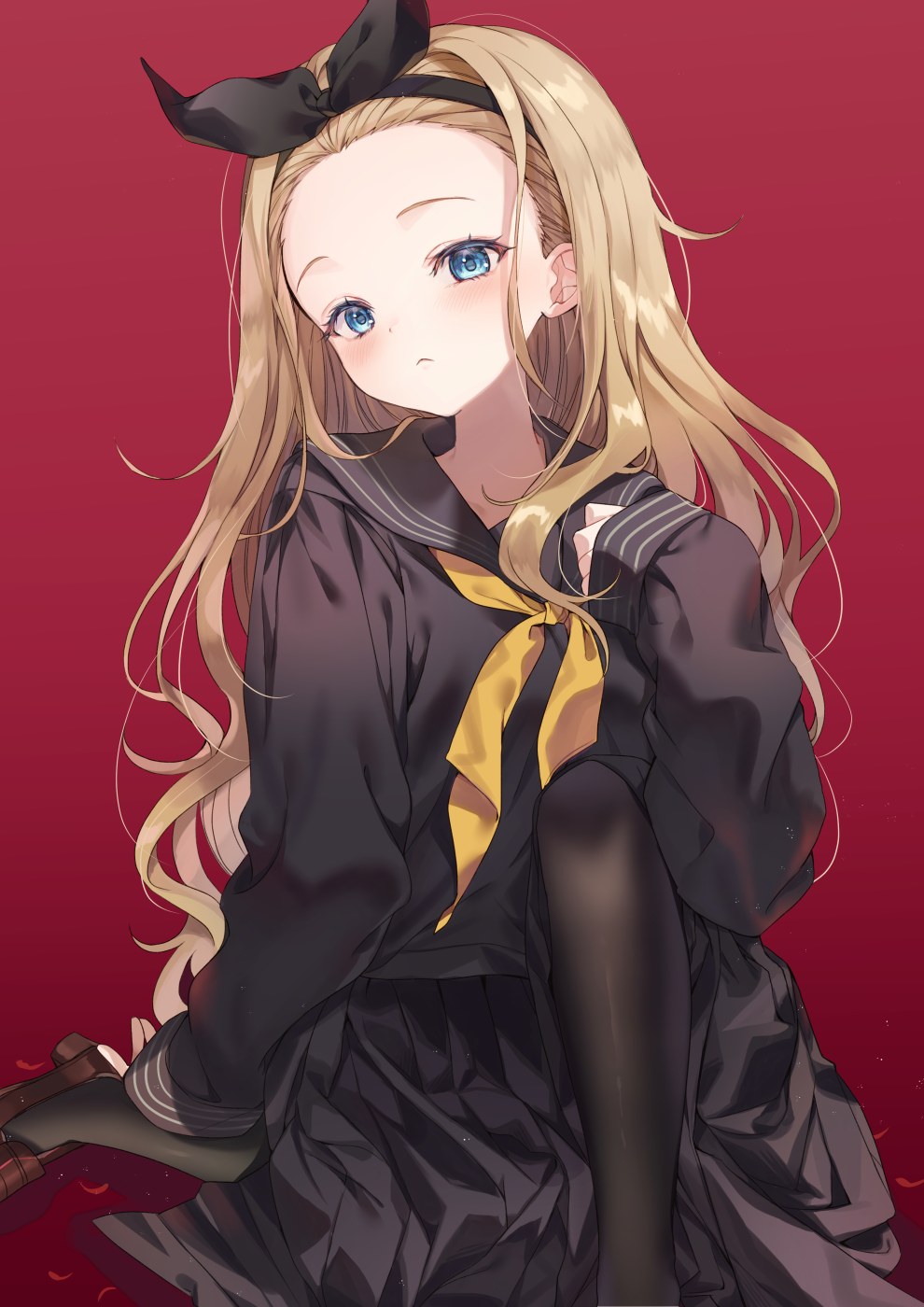 1girl, :<, black_hairband, black_pantyhose, black_ribbon, black_sailor_collar, black_serafuku, black_shirt