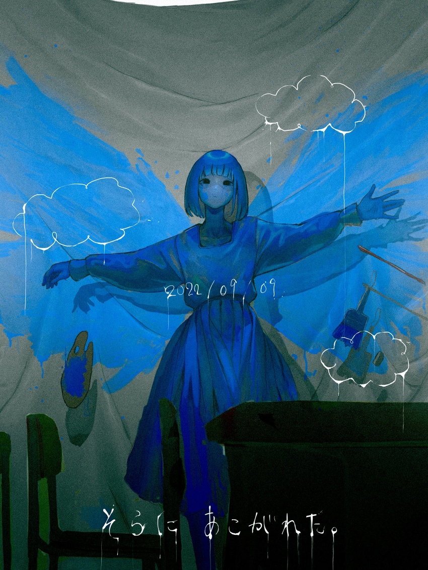 1girl, \||/, arms_at_sides, blue_theme, blunt_bangs, bob_cut, bodypaint, chair