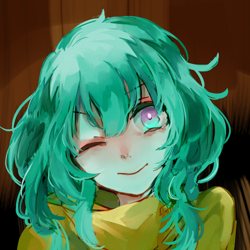 1girl, brown_background, emily_chang_18294, florence_(hello_charlotte), green_hair, hair_between_eyes, hazmat_suit, hello_charlotte, medium_hair, one_eye_closed, purple_eyes, smile, solo