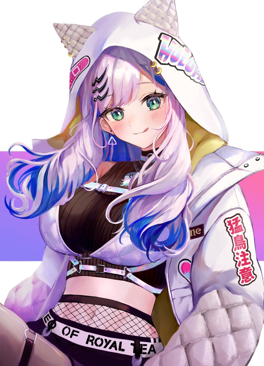 1girl, :q, absurdres, animal_hood, aqua_eyes, blue_hair, breasts, colored_inner_hair, crop_top, earrings, grey_hair, hair_ornament, hairclip, highres, hololive, hololive_indonesia, hood, hoodie, jacket, jewelry, large_breasts, midriff, milchu, multicolored_hair, navel, pavolia_reine, pavolia_reine_(streetwear), solo, thigh_strap, tongue, tongue_out, virtual_youtuber