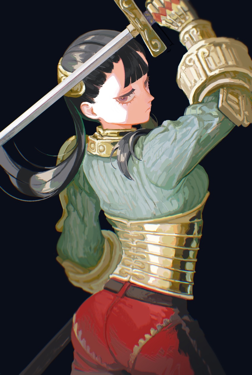 1girl, absurdres, arm_up, armor, ashei, ass, black_background, black_eyes