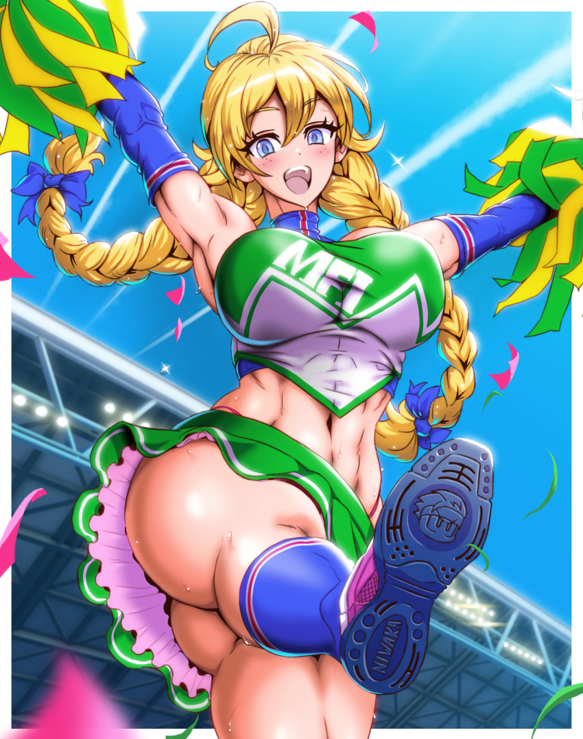 1girl, abs, ahoge, alicia_sinclair, arms_up, ass, bare_shoulders, blonde_hair, blue_eyes, blue_sky, blue_socks, border, braid, breasts, cheerleader, confetti, contrail, elbow_gloves, freckles, frills, from_below, gloves, green_shirt, green_skirt, hair_between_eyes, hair_ribbon, highres, jazz_kawa_sodom, jikkyou_powerful_pro_yakyuu, jikkyou_powerful_soccer, kneehighs, large_breasts, linea_alba, long_hair, midriff, miniskirt, muscular, muscular_female, panties, pom_pom_(cheerleading), power_soccer_kun, red_panties, ribbon, shirt, shoes, skirt, sky, sneakers, socks, solo, stadium, standing, standing_on_one_leg, sweat, taut_clothes, taut_shirt, thick_thighs, thighs, thong, tight_clothes, tight_shirt, toned, turtleneck, twin_braids, underwear, white_border