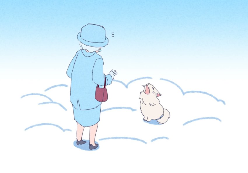 1girl, bag, blue_background, blue_gloves, blue_jacket, blue_skirt, cat, chinese_commentary, earrings, elbow_carry, elizabeth_ii, facing_away, from_behind, full_body, gloves, gradient_background, grey_hair, handbag, hat, heaven, high_heels, highres, jacket, jewelry, looking_at_animal, meme, real_life, red_bag, simple_background, skirt, standing, thurston_waffles, unreal_hero1, whiskers, white_cat