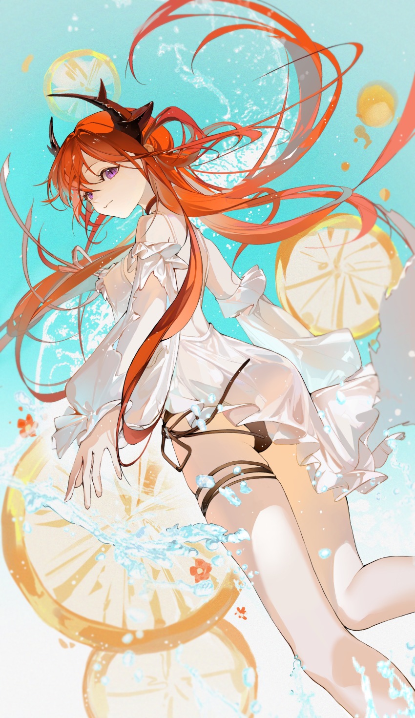 1girl, absurdres, arknights, bare_legs, bare_shoulders, bikini, commentary_request, detached_sleeves, feet_out_of_frame, hair_spread_out, highres, horns, long_hair, long_sleeves, looking_at_viewer, purple_eyes, red_hair, shikakrosho, solo, standing, surtr_(arknights), surtr_(colorful_wonderland)_(arknights), swimsuit, thighs, very_long_hair