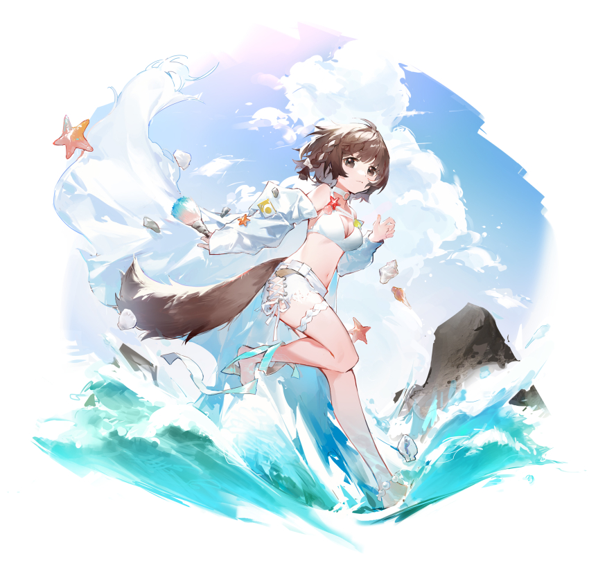 1girl, arknights, auuuie, bare_legs, bare_shoulders, bikini, blue_sky, breasts