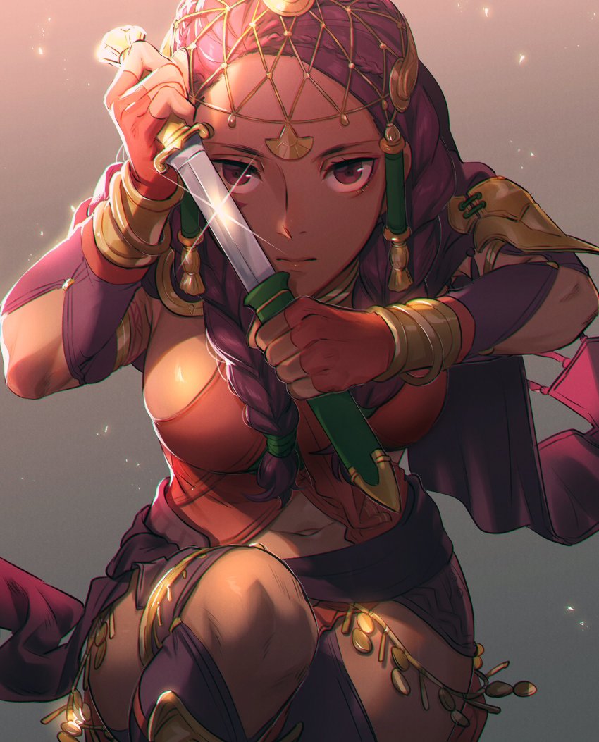 1girl, backlighting, braid, breasts, brown_eyes, capelet, clothing_cutout, cowboy_shot, dagger, dark-skinned_female, dark_skin, facial_mark, fingerless_gloves, fire_emblem, fire_emblem:_three_houses, fire_emblem_warriors:_three_hopes, foreshortening, gloves, gold_trim, highres, holding, holding_dagger, holding_knife, holding_weapon, knife, large_breasts, long_hair, looking_at_viewer, mihen, navel_cutout, nintendo, official_alternate_costume, official_alternate_hairstyle, orange_gloves, petra_macneary, purple_capelet, purple_hair, serious, sheath, sideboob, solo, unsheathing, weapon